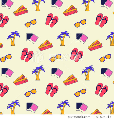Colorful y2k cartoon pattern features travel necessities like suitcases, flip-flops, sunglasses, instant camera photos, and palm trees. Fun illustration suggests a summer vacation theme. Colorful y2k cartoon pattern features travel necessities like suitcases, flip-flops, sunglasses, instant camera photos, and palm trees. Fun illustration suggests a summer vacation theme. 131804017