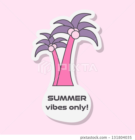 Two pink palm trees with purple leaves appear on a white and pink sticker. The sticker says Summer vibes only in bold, block letters. Two pink palm trees with purple leaves appear on a white and pink sticker. The sticker says Summer vibes only in bold, block letters. 131804035