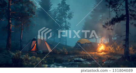 Camping site in nature with tents and campfire background, Happy Halloween - Ai Generated 131804089