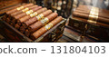 Luxury Cuban tobacco cigars in box, rolled nicotine product, harmful unhealthy vintage business. 131804103