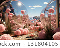 A surreal landscape featuring pink flowers inside glass bubbles under a bright blue sky 131804105