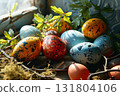 Colorful Easter eggs arranged beautifully on a light background in a wide angle view 131804106