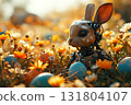 A robot rabbit exoskeleton among colorful eggs in a vibrant flower field during Easter time 131804107