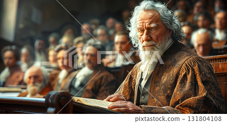 Lawyer with prosecutor in trial, courtroom of justice. Legal prosecution and defense session with jury and judges. 131804108
