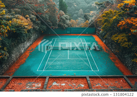 Aerial view of a tennis court surrounded by autumn foliage and vibrant colors 131804122