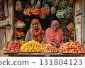 African stall with exotic tropical fresh fruits, sellers Africans smiling friendly. 131804123