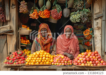 African stall with exotic tropical fresh fruits, sellers Africans smiling friendly. 131804123