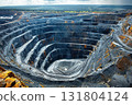 Mining industry, open quarry mining stone mineral, aerial view from drone. Special vehicles trucks drive in quarry. 131804124