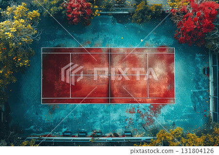Aerial view of a vibrant outdoor tennis court surrounded by trees in different autumn colors 131804126