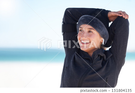 Fitness, woman and stretching arms on beach in preparation for exercise, cardio workout or training. Happy sporty female in warm up arm stretch getting ready for fun exercising by the ocean on mockup Fitness, woman and stretching arms on beach in preparation for exercise, cardio workout or training. Happy sporty female in warm up arm stretch getting ready for fun exercising by the ocean on mockup 131804135
