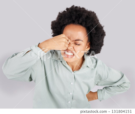 Headache, stress and face of frustrated black woman in studio with upset, angry and pain facial expression. Burnout, mockup and girl on white background with confused gesture, migraine and thinking Headache, stress and face of frustrated black woman in studio with upset, angry and pain facial expression. Burnout, mockup and girl on white background with confused gesture, migraine and thinking 131804151