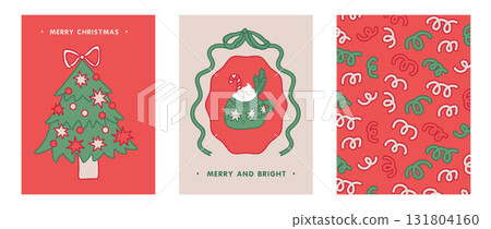 Whimsical Merry Christmas vintage greeting cards set. Festive holiday cards with Christmas tree, hot drink, confetti with ribbon bows. Modern coquette seasonal design for invitations, gift Tags.Vector Whimsical Merry Christmas vintage greeting cards set. Festive holiday cards with Christmas tree, hot drink, confetti with ribbon bows. Modern coquette seasonal design for invitations, gift Tags.Vector 131804160