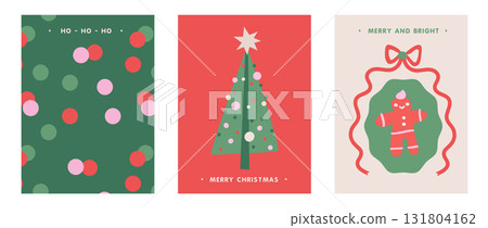 Hand drawn whimsical Christmas greeting cards set. Flat minimal posters, christmas tree icon, bows and gingerbread man. Minimalist winter art. Vector design for invitations, stationery, printables 131804162