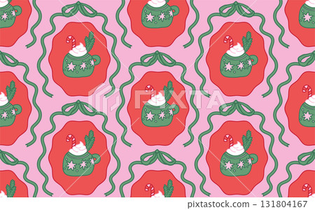 Christmas seamless pattern with hand drawn ribbon and bow with hot winter drinks on pink background. Trendy whimsical vintage holiday design for Xmas print, fabric, wallpaper or wrapping paper. Vector 131804167