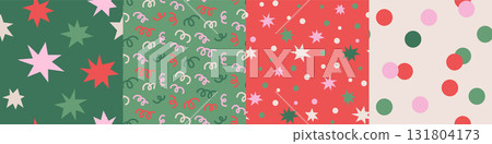 Merry Christmas seamless patterns set with abstract shape decoration. Retro whimsy style winter holiday ornament cartoon texture. Xmas celebration event wallpaper, festive print collection. 131804173
