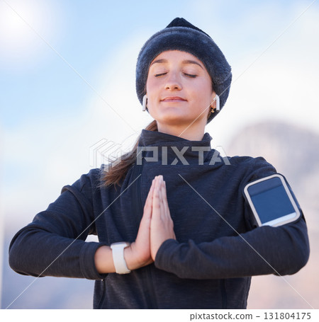 Woman, praying hands and training at park, city or focus on meditation, breathing and start morning exercise. Gen z runner girl, smartphone and outdoor with peace for mindfulness, health and wellness Woman, praying hands and training at park, city or focus on meditation, breathing and start morning exercise. Gen z runner girl, smartphone and outdoor with peace for mindfulness, health and wellness 131804175