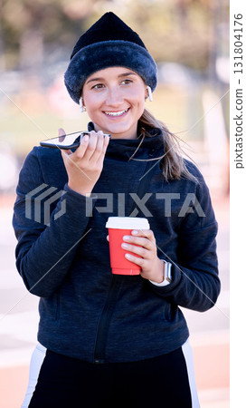 Woman, phone call and speaker at city park with coffee, smile and start morning for training, running or exercise. Gen z runner girl, smartphone and outdoor with drink for energy, health and wellness Woman, phone call and speaker at city park with coffee, smile and start morning for training, running or exercise. Gen z runner girl, smartphone and outdoor with drink for energy, health and wellness 131804176