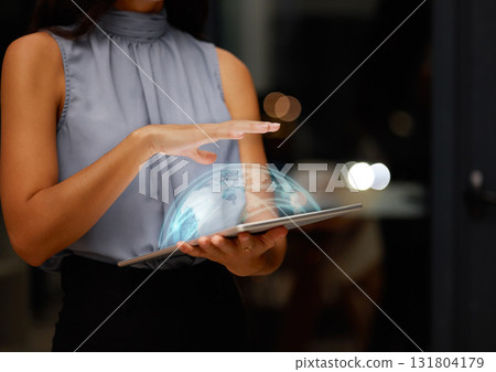 World tablet overlay, woman hand and global hologram for international cyber research at night. Mockup, 3d cybersecurity information and data analytics for online coding transformation with high tech 131804179