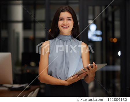 Happy, night and tablet with portrait of woman in office for search, communication and digital management. Contact, technology and smile with employee for website, networking and social media app Happy, night and tablet with portrait of woman in office for search, communication and digital management. Contact, technology and smile with employee for website, networking and social media app 131804180