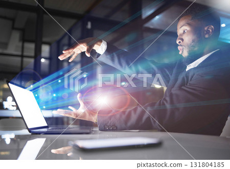Hologram, futuristic light and black man with laptop in office workplace at night. Technology, future mockup and male employee with computer for 3d business, digital transformation or holographic. 131804185