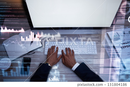 Hands, keyboard and typing on screen, mockup and fintech and digital transformation, code and futuristic overlay. Analytics, graph and work night with IT, tech support and business man with computer 131804186