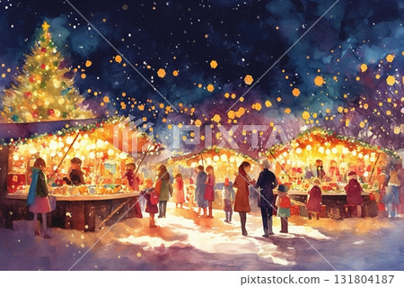 [AI illustration] A night view of a Christmas market wrapped in gentle watercolor-style light 131804187