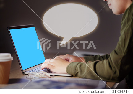 Speech bubble, green screen and woman on laptop for social media in marketing office at night with mockup. Poster, banner and hands of female corporate employee online for branding, design or logo Speech bubble, green screen and woman on laptop for social media in marketing office at night with mockup. Poster, banner and hands of female corporate employee online for branding, design or logo 131804214