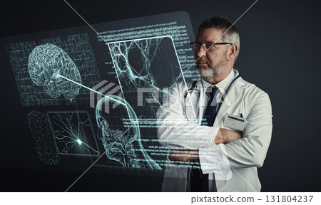 Brain, neurology or doctor with 3d holographic scan of human anatomy research in hospital clinic. Data analysis, man or medical healthcare worker thinking of innovation to help science development 131804237