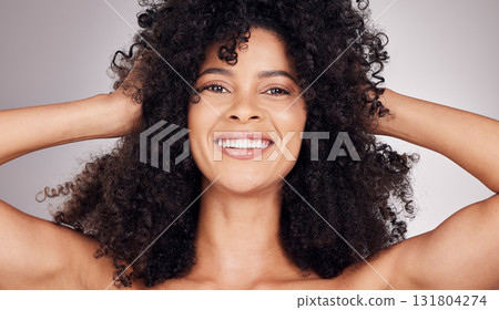 Skincare, happy or portrait of black woman in studio with natural hair, cosmetic and face routine. Health smile, beauty or girl model from Puerto Rico for facial wellness isolated by gray background Skincare, happy or portrait of black woman in studio with natural hair, cosmetic and face routine. Health smile, beauty or girl model from Puerto Rico for facial wellness isolated by gray background 131804274