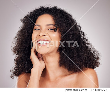 Hair, beauty and portrait of black woman with smile for natural wellness, growth and shine on gray background. Skincare, luxury salon and happy girl with cosmetic makeup, self care and face treatment 131804275