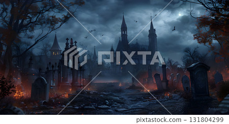 Castle and graveyard Horror background, Happy Halloween - Ai Generated 131804299