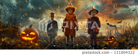 Children in Halloween costumes with pumpkin background, Happy Halloween - Ai Generated 131804322