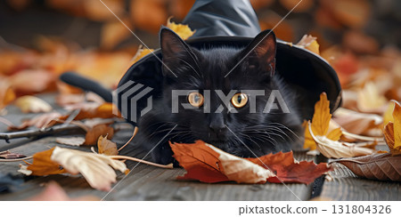Cute black cat with a witch hat background, Happy Halloween - Ai Generated Cute black cat with a witch hat background, Happy Halloween - Ai Generated 131804326