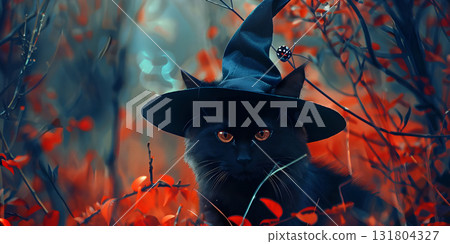 Cute black cat with a witch hat background, Happy Halloween - Ai Generated 131804327