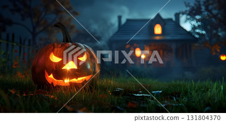 Horror pumpkins sitting on grass background, Happy Halloween - Ai Generated 131804370