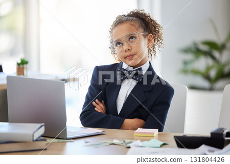 Bored, kid and thinking with pretend office work and laptop with ideas. Job, child and little girl playing dress up as working executive at desk with paperwork and eyes rolling feeling annoyed Bored, kid and thinking with pretend office work and laptop with ideas. Job, child and little girl playing dress up as working executive at desk with paperwork and eyes rolling feeling annoyed 131804426