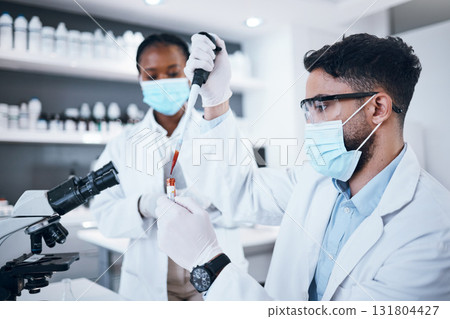 Science, blood and team with vial in laboratory for scientific research, dna testing or exam. Healthcare, medicine and scientists with pipette for liquid sample, rna results and medical analytics 131804427