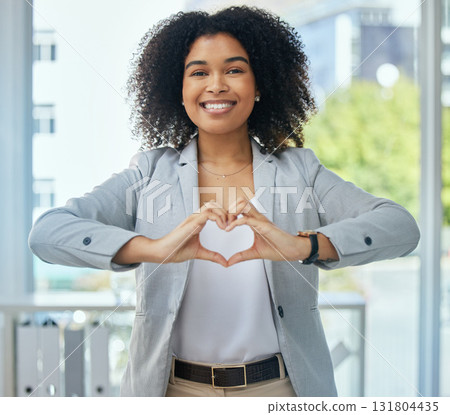 Happy business woman, portrait and heart hands in customer care, client support or leadership trust. Smile, face or worker with love gesture, sign or emoji symbol for corporate wellness, vote or hope 131804435