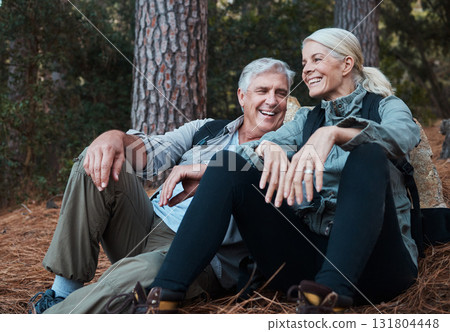 Nature, smile and hiking, old couple on floor in forest in South Africa on retirement holiday adventure. Travel, senior man and woman relax together on outdoor walk with love, happiness and health. 131804448