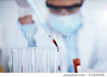 Science, blood and hands with vial in laboratory for scientific research, dna testing or exam. Healthcare, biotechnology and scientist with pipette for liquid sample, rna study and medical analytics 131804499