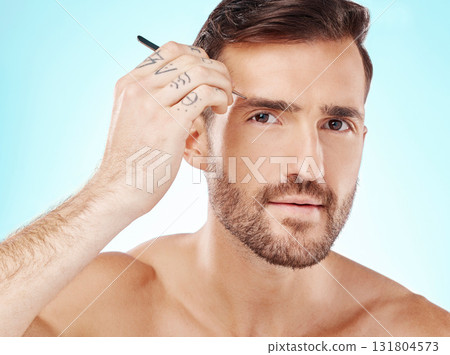 Grooming, eyebrows and tweezers with face of man for beauty, hygiene and hair removal. Cosmetology, treatment and facial growth with model and tool for morning routine, trimming and cleaning 131804573