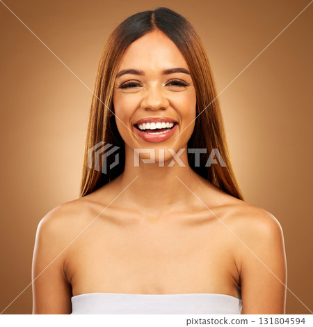 Smile, hair care and portrait of woman in studio for growth and color shine or healthy texture. Aesthetic female happy for haircare, natural beauty and hairdresser or salon gradient brown background Smile, hair care and portrait of woman in studio for growth and color shine or healthy texture. Aesthetic female happy for haircare, natural beauty and hairdresser or salon gradient brown background 131804594