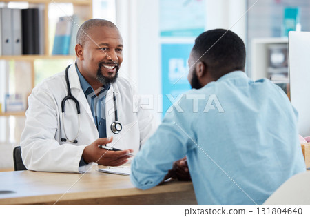 Happy, talking and doctor with a black man for healthcare, support and advice on treatment. Smile, consulting and an African gp with a patient speaking about medicine, health and professional help Happy, talking and doctor with a black man for healthcare, support and advice on treatment. Smile, consulting and an African gp with a patient speaking about medicine, health and professional help 131804640