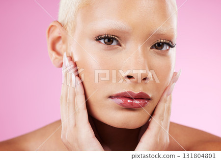 Portrait, beauty and natural with a model black woman in studio on a pink background for edgy cosmetics. Face, skincare or makeup with a unique and attractve young female indoor for cosmetic care 131804801