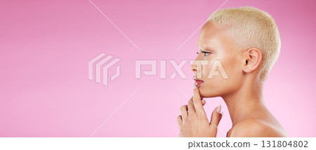 Woman, beauty and makeup in skincare on mockup for facial cosmetics or spa treatment against pink studio background. Female face and hands thinking in satisfaction for luxury cosmetic or perfect skin Woman, beauty and makeup in skincare on mockup for facial cosmetics or spa treatment against pink studio background. Female face and hands thinking in satisfaction for luxury cosmetic or perfect skin 131804802