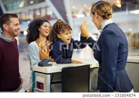 Family, travel and high five, child and parents with airport staff, happiness and vacation, ready for adventure. Happy people, diversity and freedom, support with holiday abroad, flight and airplane 131804874