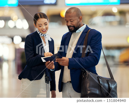 Businessman, airport and service agent helping traveler with passport in departure, flight time or information. Black male with female passenger assistant in airline travel, directions or FAQ 131804940