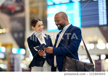 Businessman, airport and passenger assistant helping traveler in departure, flight time or passport information. Black male with female airline service agent for advice on travel, directions or FAQ 131804943