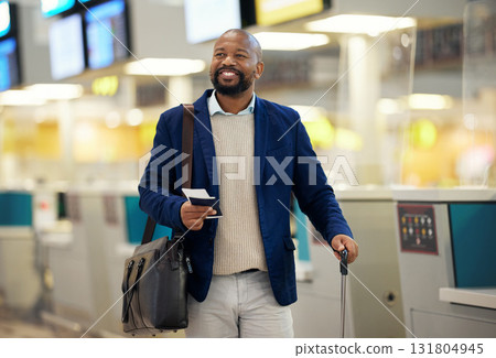 Businessman, airport and passport with plane ticket ready for travel, departure or flight time by help desk. African American male waiting at airline terminal with documents for traveling services 131804945