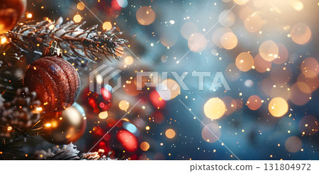 Christmas tree with snow decorated with garland lights background, Happy Christmas Day - Ai Generated Christmas tree with snow decorated with garland lights background, Happy Christmas Day - Ai Generated 131804972